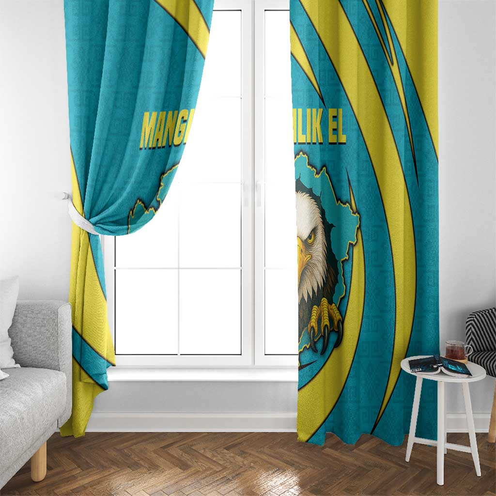 Kazakhstan National Flag Window Curtain with Mangilik El Bald Eagle and Blue Tribal Pattern