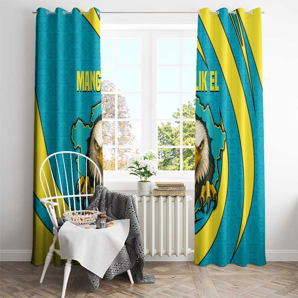 Kazakhstan National Flag Window Curtain with Mangilik El Bald Eagle and Blue Tribal Pattern
