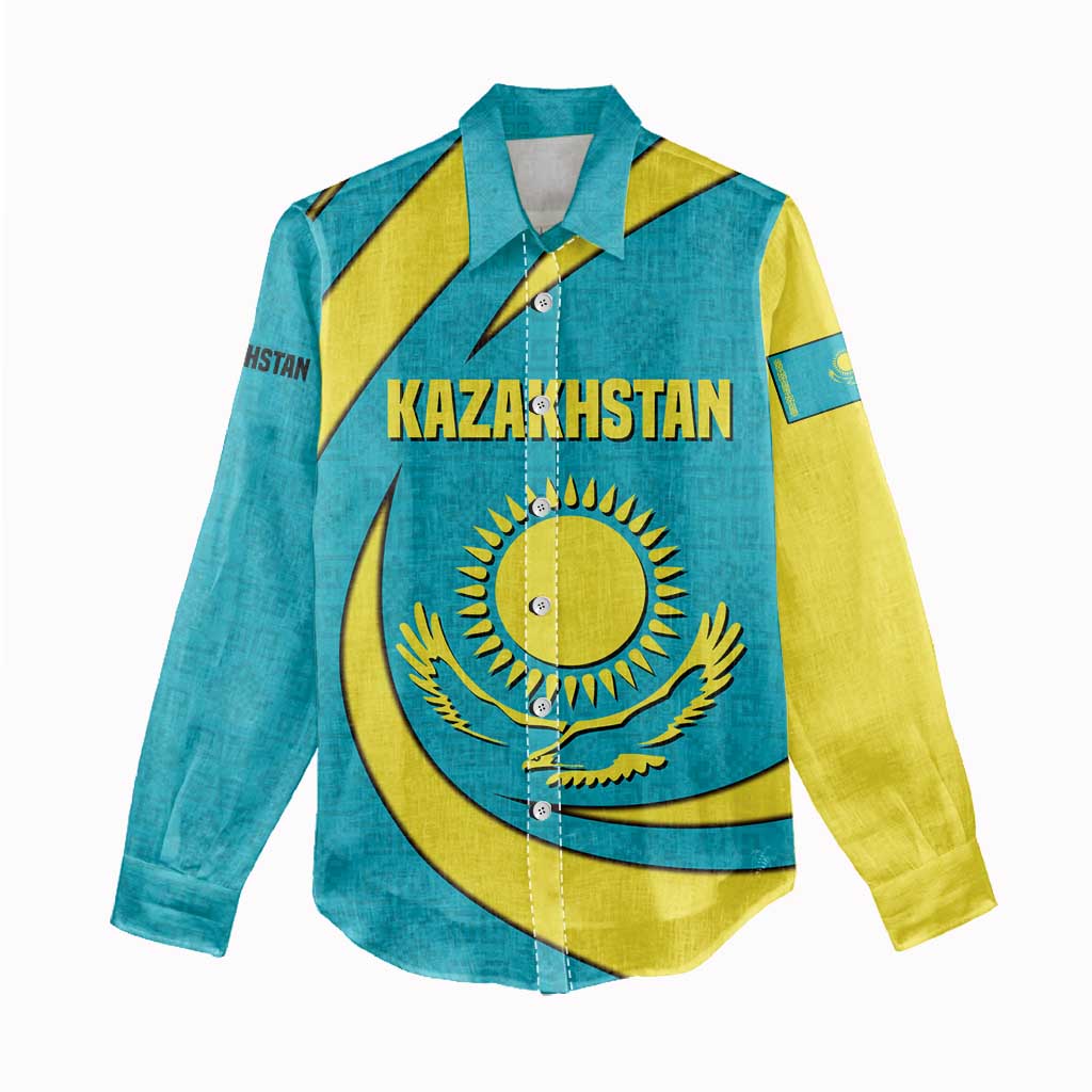 Kazakhstan National Flag Women Casual Shirt with Mangilik El Bald Eagle and Blue Tribal Pattern