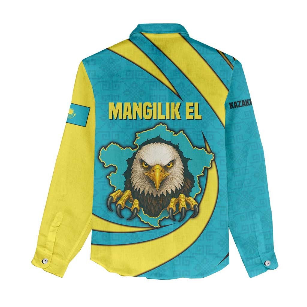 Kazakhstan National Flag Women Casual Shirt with Mangilik El Bald Eagle and Blue Tribal Pattern