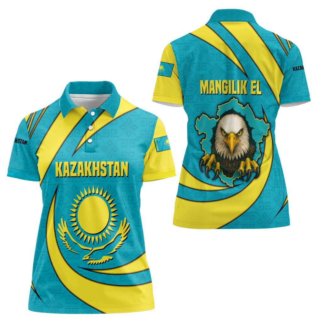 Kazakhstan National Flag Women Polo Shirt with Mangilik El Bald Eagle and Blue Tribal Pattern
