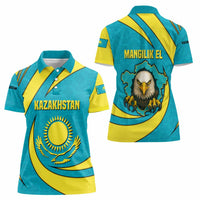 Kazakhstan National Flag Women Polo Shirt with Mangilik El Bald Eagle and Blue Tribal Pattern