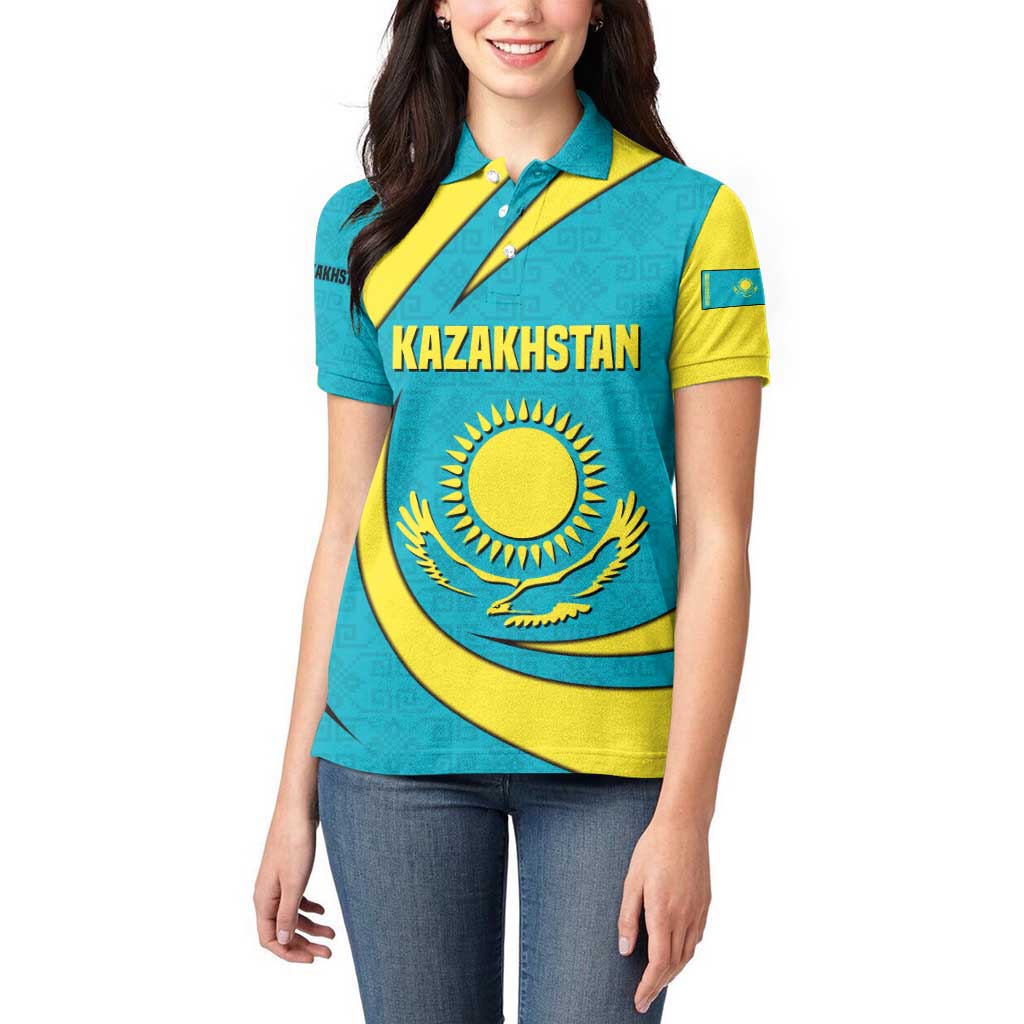 Kazakhstan National Flag Women Polo Shirt with Mangilik El Bald Eagle and Blue Tribal Pattern