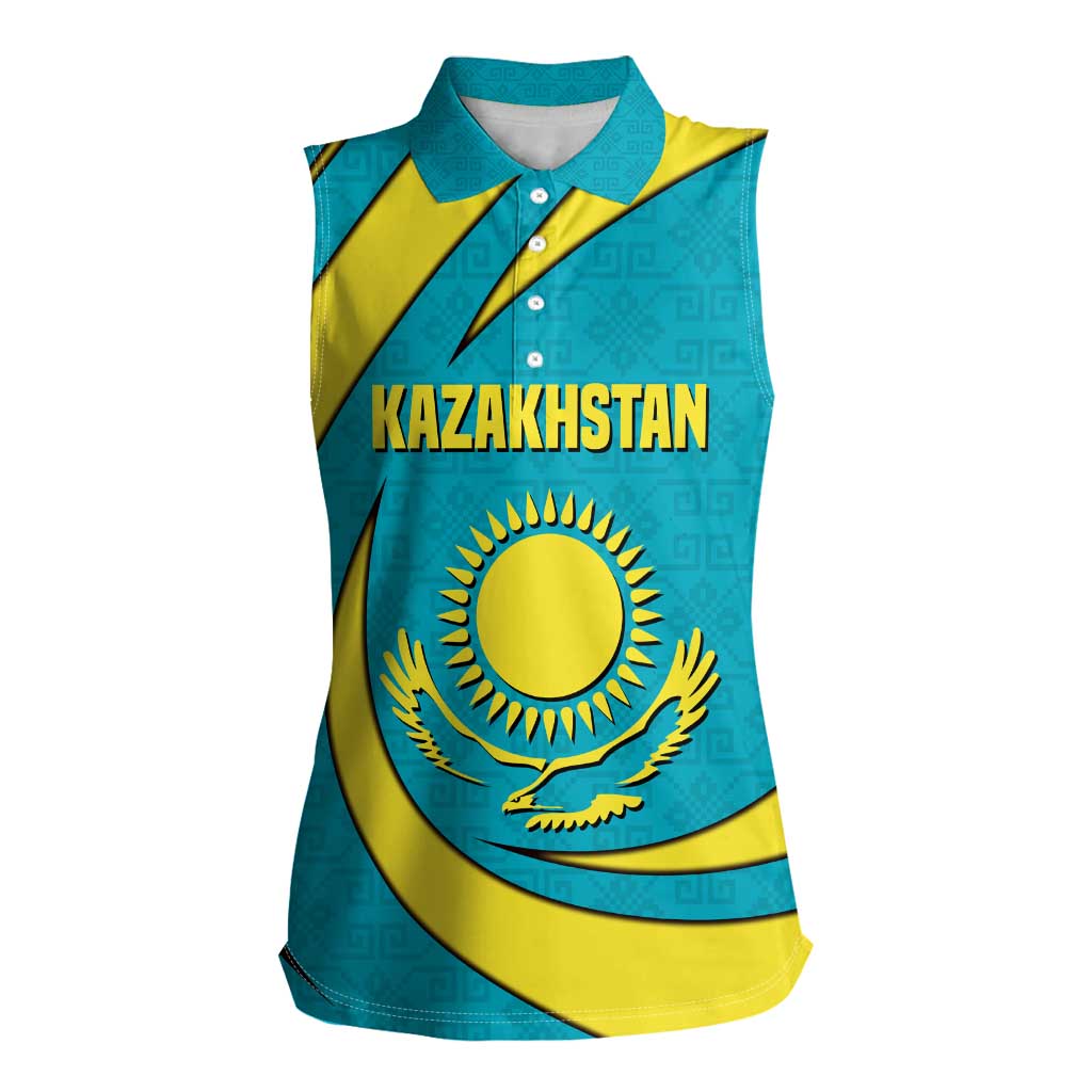 Kazakhstan National Flag Women Sleeveless Polo Shirt with Mangilik El Bald Eagle and Blue Tribal Pattern