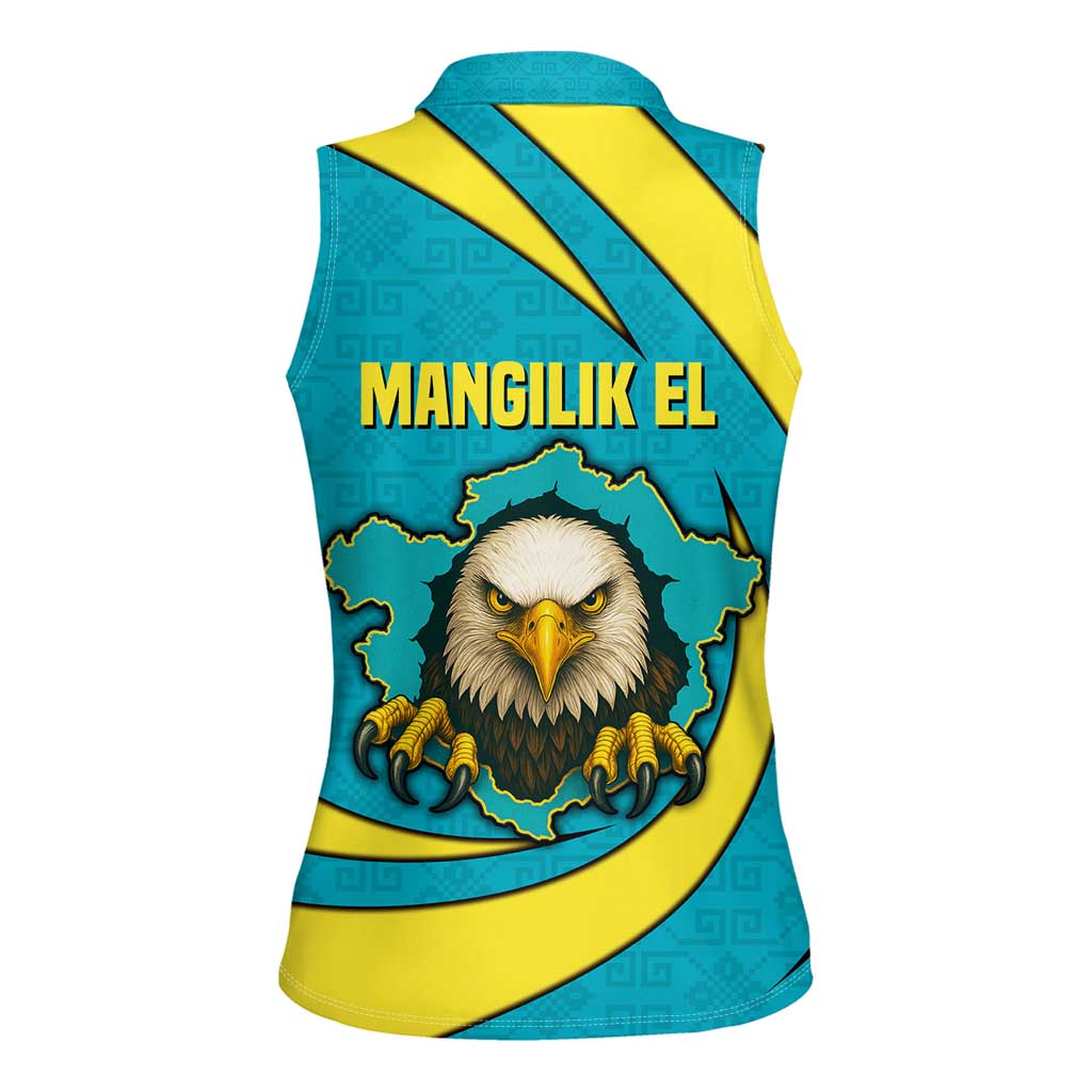 Kazakhstan National Flag Women Sleeveless Polo Shirt with Mangilik El Bald Eagle and Blue Tribal Pattern