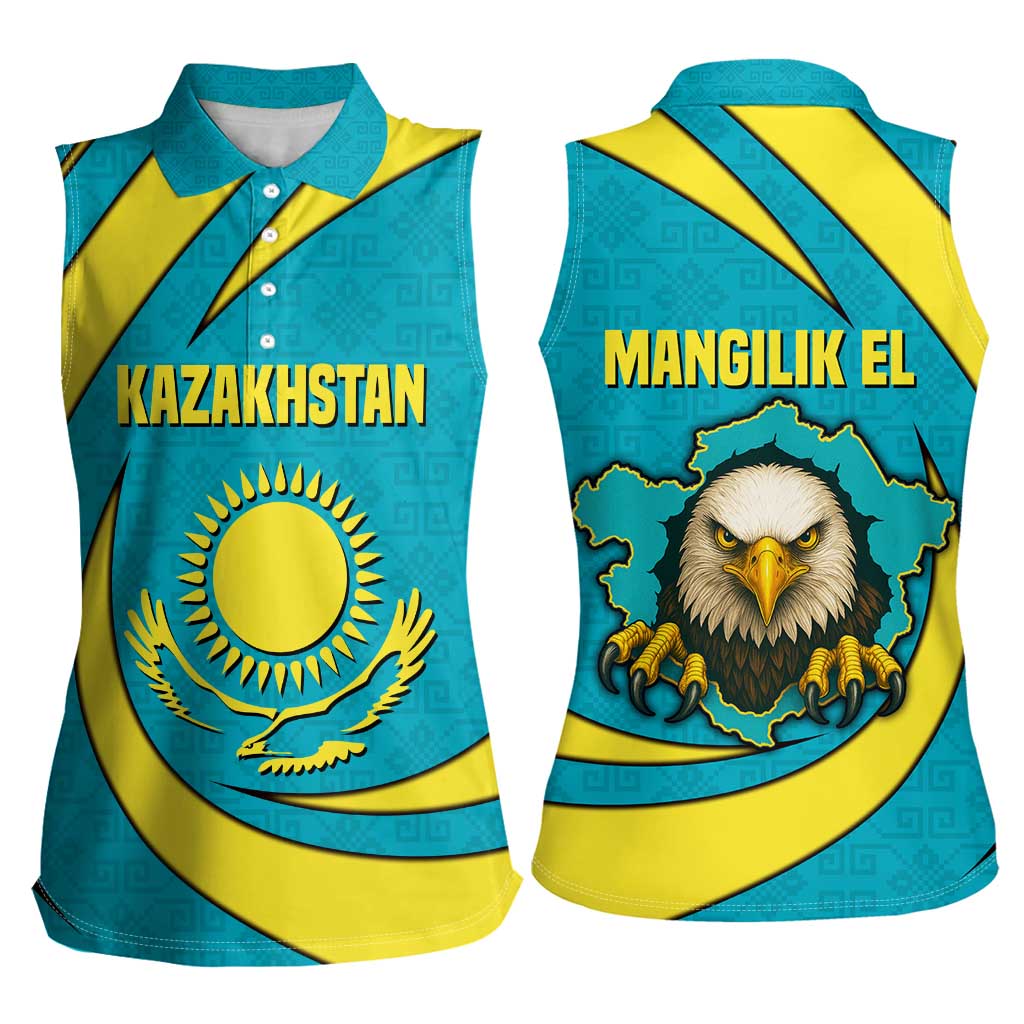 Kazakhstan National Flag Women Sleeveless Polo Shirt with Mangilik El Bald Eagle and Blue Tribal Pattern