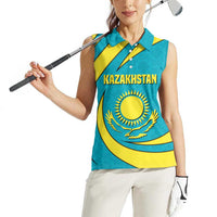 Kazakhstan National Flag Women Sleeveless Polo Shirt with Mangilik El Bald Eagle and Blue Tribal Pattern