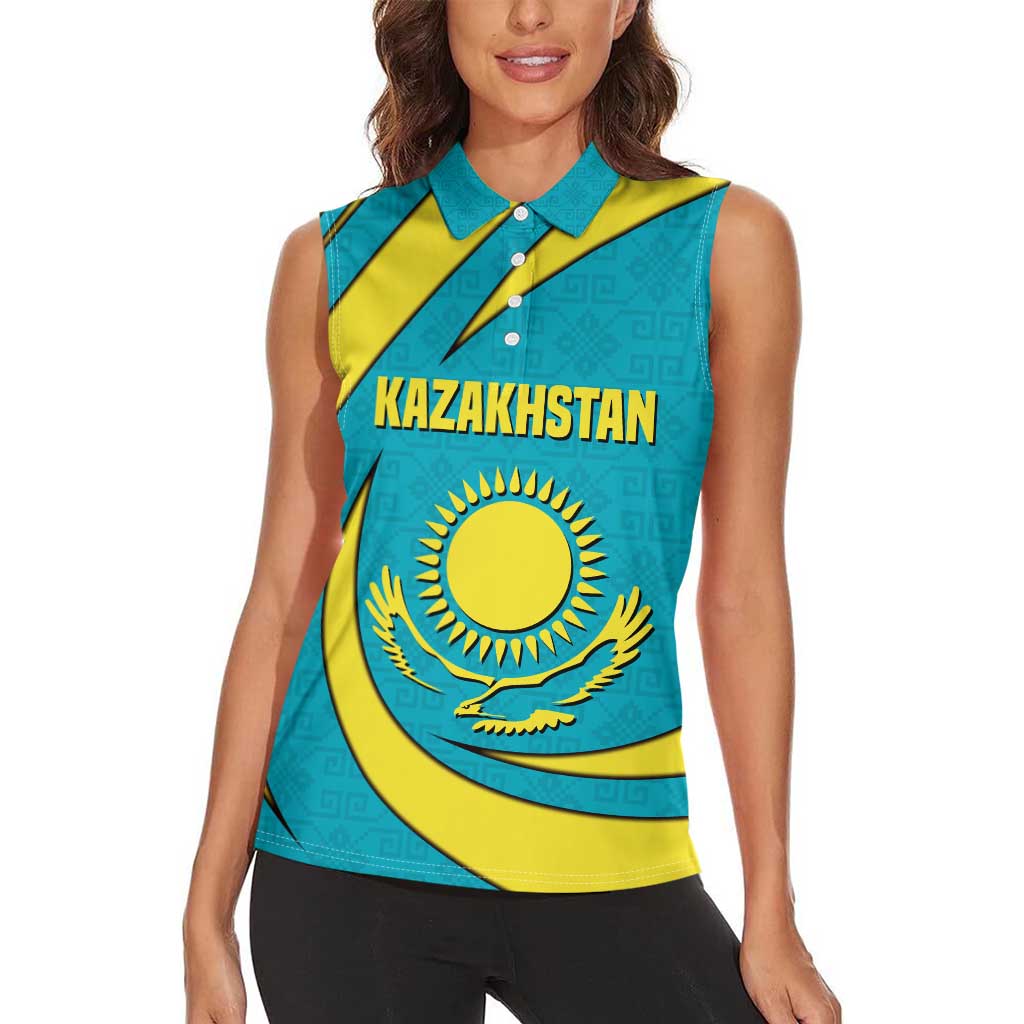 Kazakhstan National Flag Women Sleeveless Polo Shirt with Mangilik El Bald Eagle and Blue Tribal Pattern