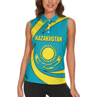 Kazakhstan National Flag Women Sleeveless Polo Shirt with Mangilik El Bald Eagle and Blue Tribal Pattern