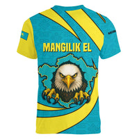 Kazakhstan National Flag Women V-Neck T-Shirt with Mangilik El Bald Eagle and Blue Tribal Pattern