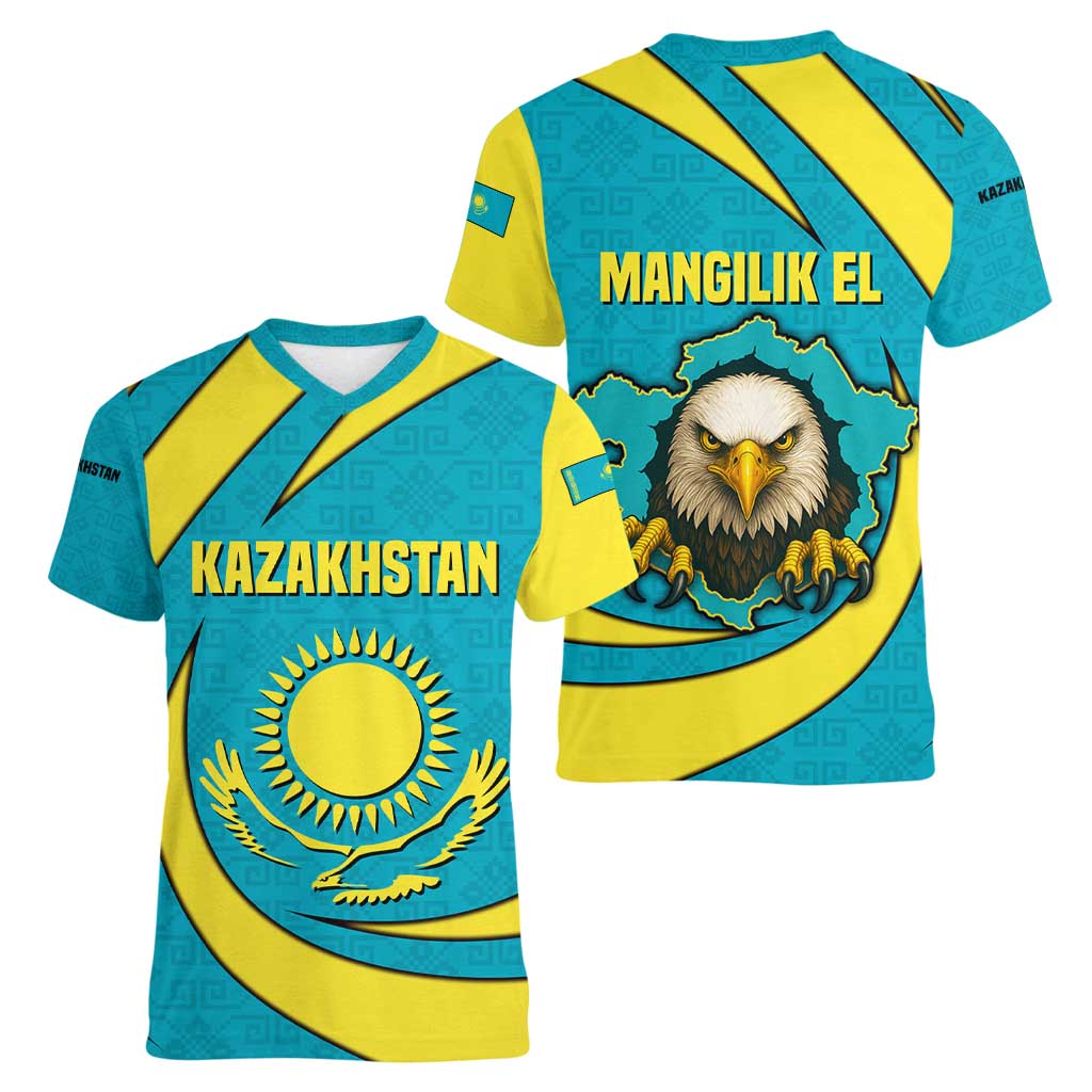 Kazakhstan National Flag Women V-Neck T-Shirt with Mangilik El Bald Eagle and Blue Tribal Pattern