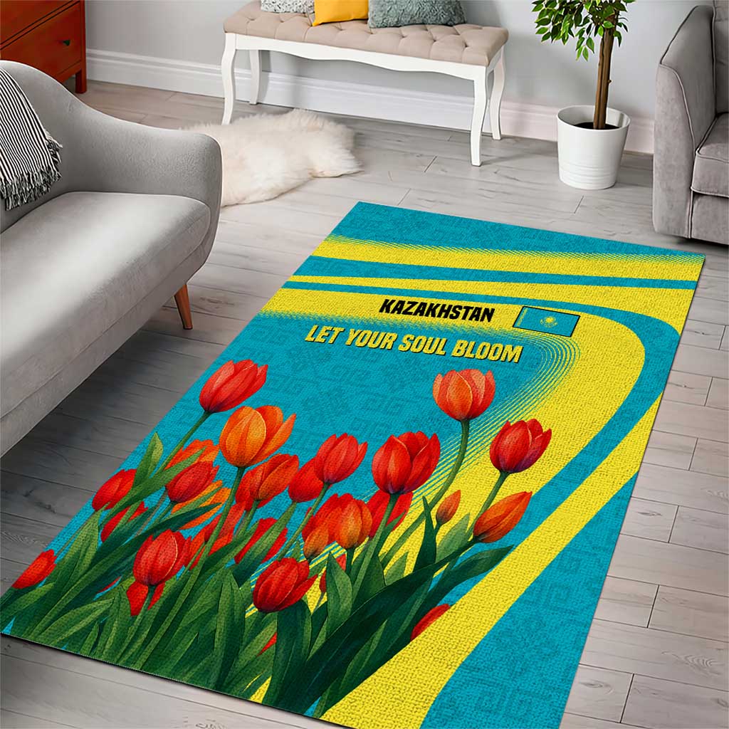Kazakhstan National Flag Area Rug with Red Tulip Bloom and Blue Yellow Ethnic Motif