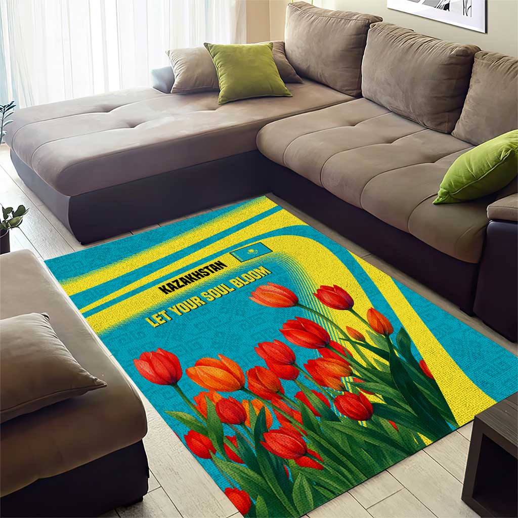 Kazakhstan National Flag Area Rug with Red Tulip Bloom and Blue Yellow Ethnic Motif