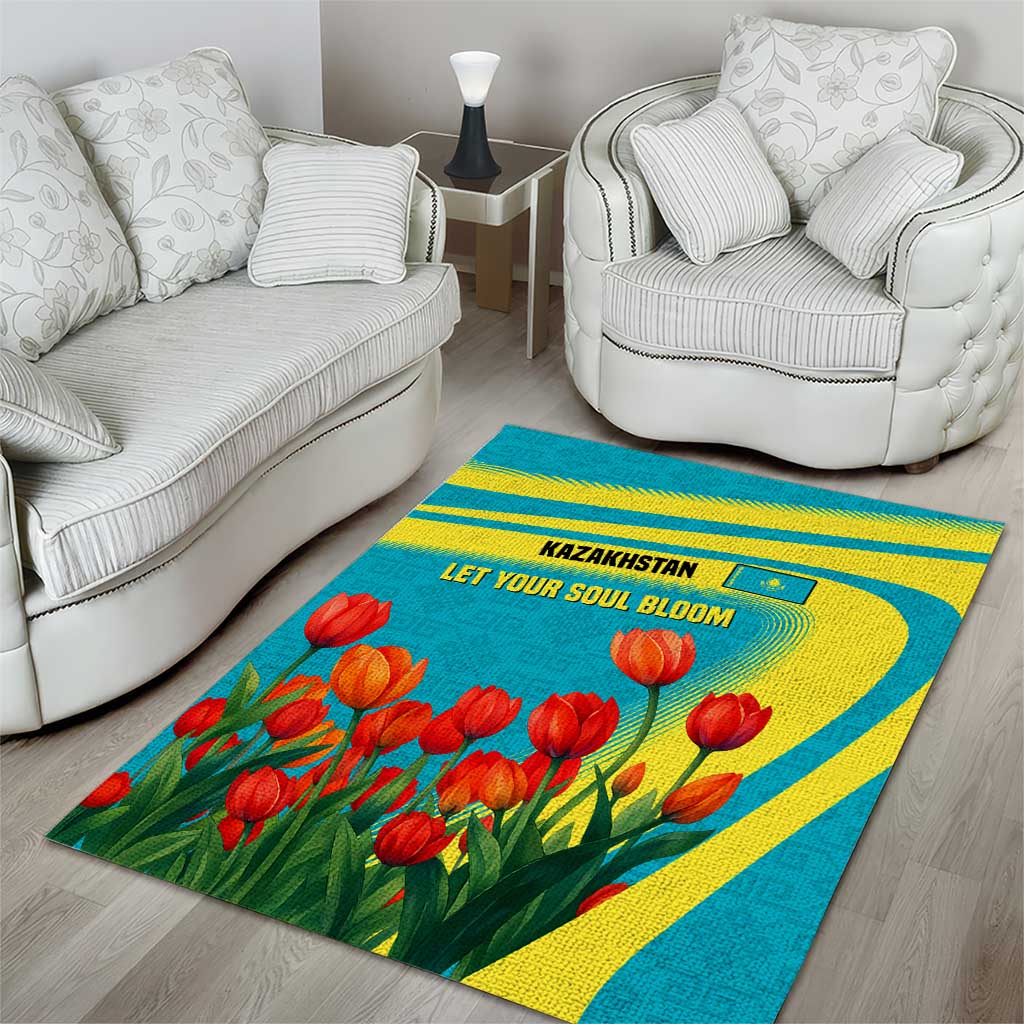 Kazakhstan National Flag Area Rug with Red Tulip Bloom and Blue Yellow Ethnic Motif