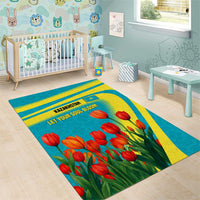 Kazakhstan National Flag Area Rug with Red Tulip Bloom and Blue Yellow Ethnic Motif