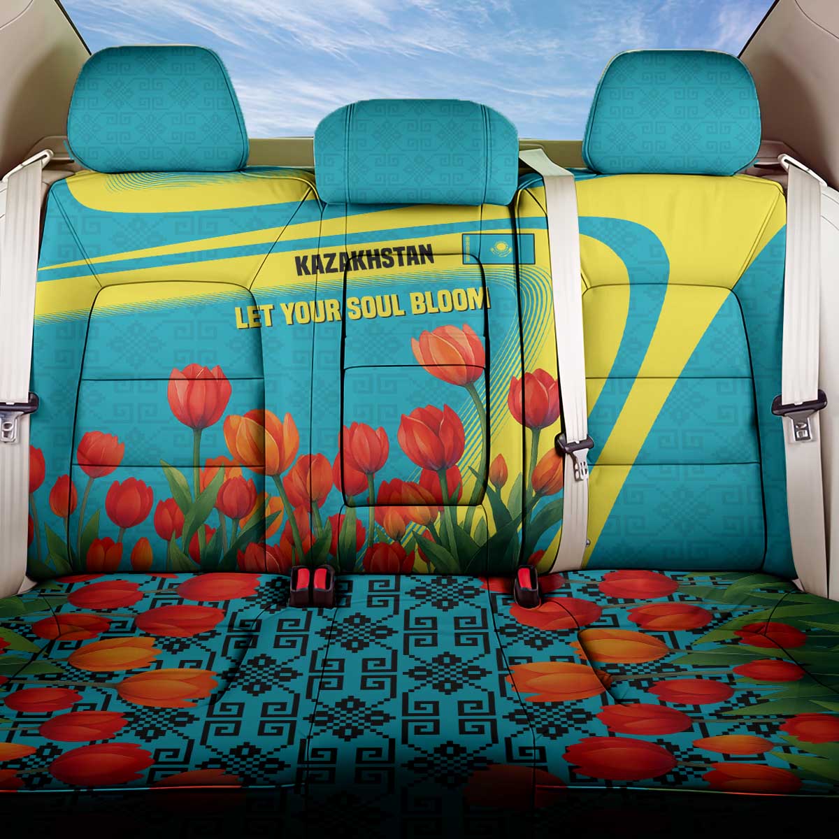 Kazakhstan National Flag Back Car Seat Cover with Red Tulip Bloom and Blue Yellow Ethnic Motif