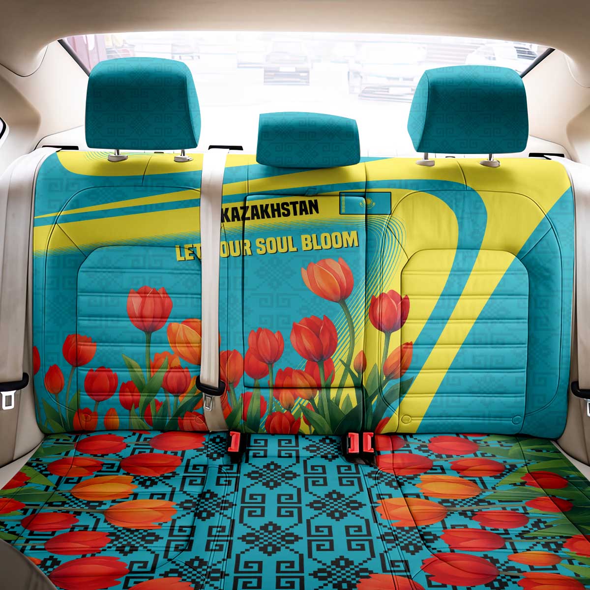 Kazakhstan National Flag Back Car Seat Cover with Red Tulip Bloom and Blue Yellow Ethnic Motif