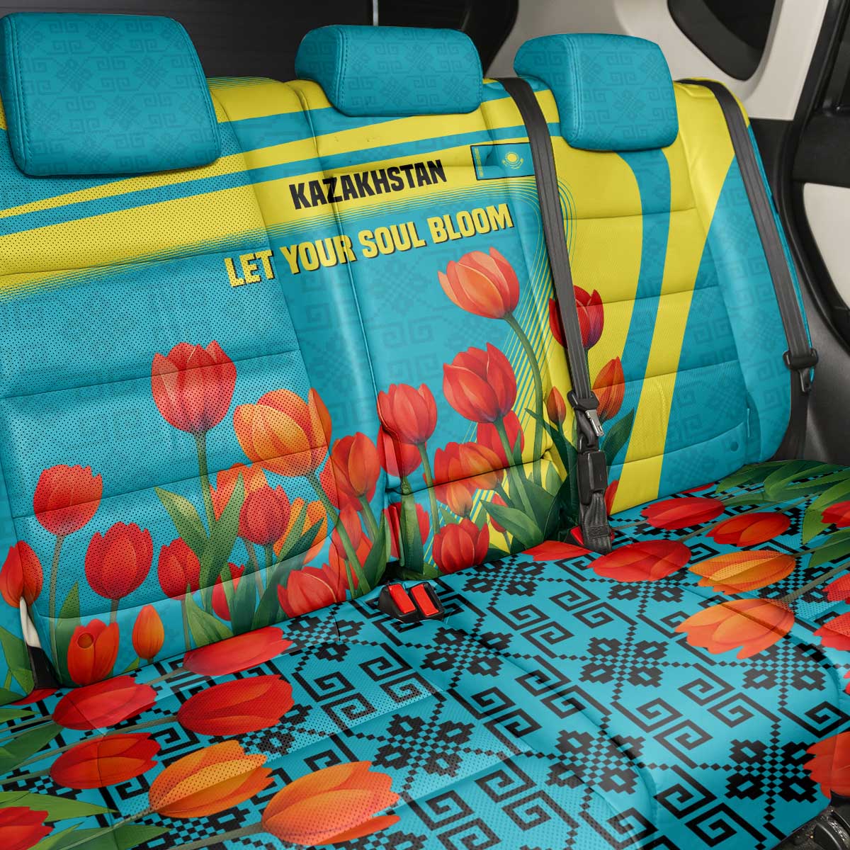 Kazakhstan National Flag Back Car Seat Cover with Red Tulip Bloom and Blue Yellow Ethnic Motif