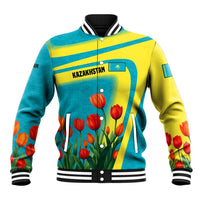 Kazakhstan National Flag Baseball Jacket with Red Tulip Bloom and Blue Yellow Ethnic Motif
