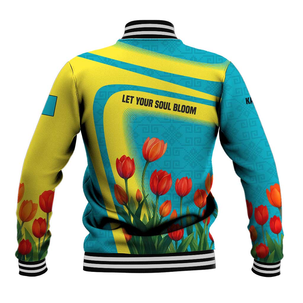 Kazakhstan National Flag Baseball Jacket with Red Tulip Bloom and Blue Yellow Ethnic Motif