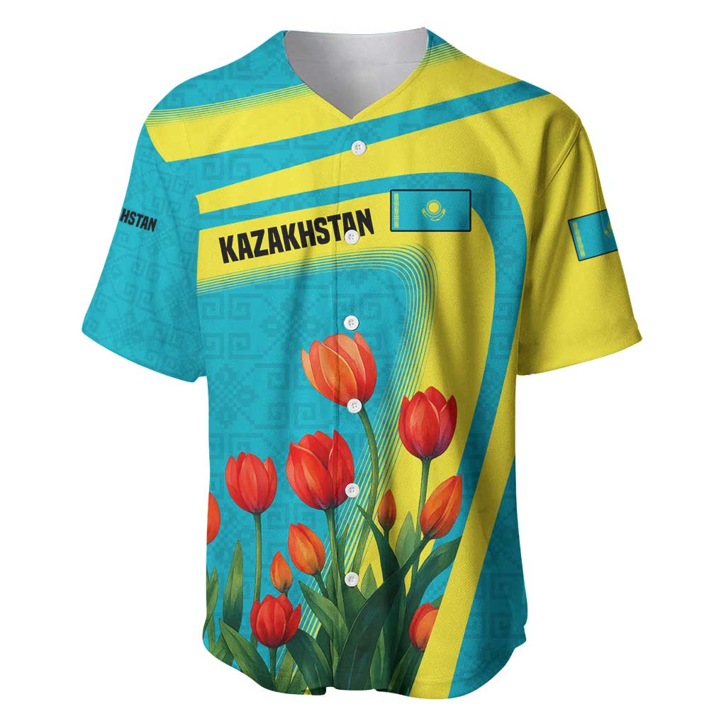 Kazakhstan National Flag Baseball Jersey with Red Tulip Bloom and Blue Yellow Ethnic Motif
