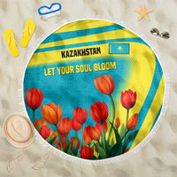 Kazakhstan National Flag Beach Blanket with Red Tulip Bloom and Blue Yellow Ethnic Motif
