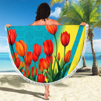 Kazakhstan National Flag Beach Blanket with Red Tulip Bloom and Blue Yellow Ethnic Motif