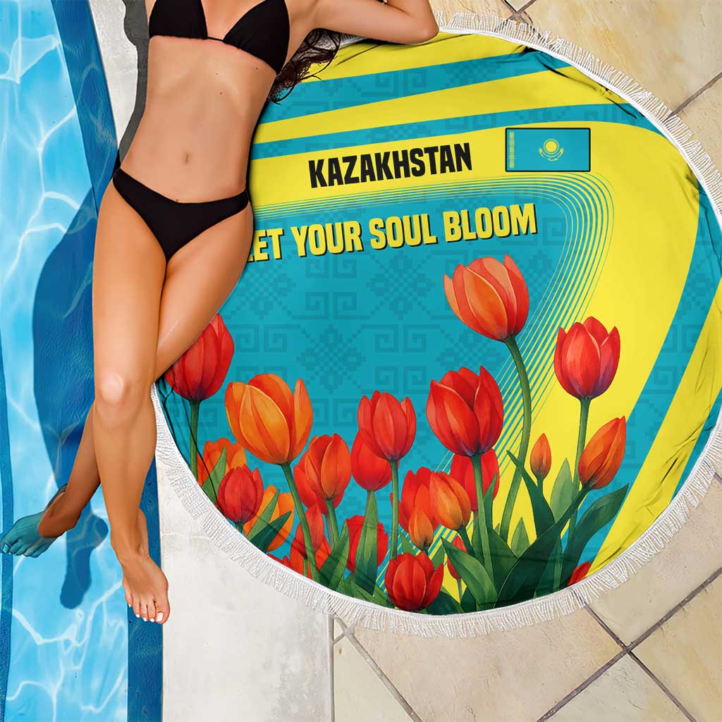 Kazakhstan National Flag Beach Blanket with Red Tulip Bloom and Blue Yellow Ethnic Motif