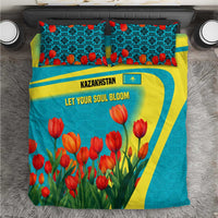Kazakhstan National Flag Bedding Set with Red Tulip Bloom and Blue Yellow Ethnic Motif