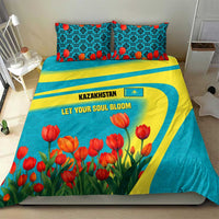 Kazakhstan National Flag Bedding Set with Red Tulip Bloom and Blue Yellow Ethnic Motif