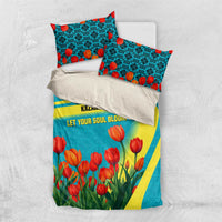 Kazakhstan National Flag Bedding Set with Red Tulip Bloom and Blue Yellow Ethnic Motif