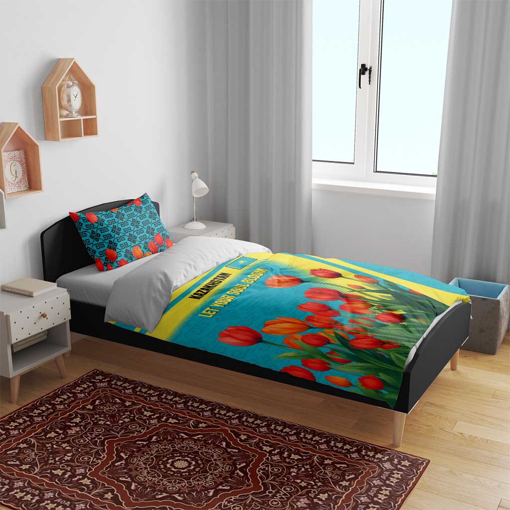 Kazakhstan National Flag Bedding Set with Red Tulip Bloom and Blue Yellow Ethnic Motif