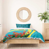 Kazakhstan National Flag Bedding Set with Red Tulip Bloom and Blue Yellow Ethnic Motif