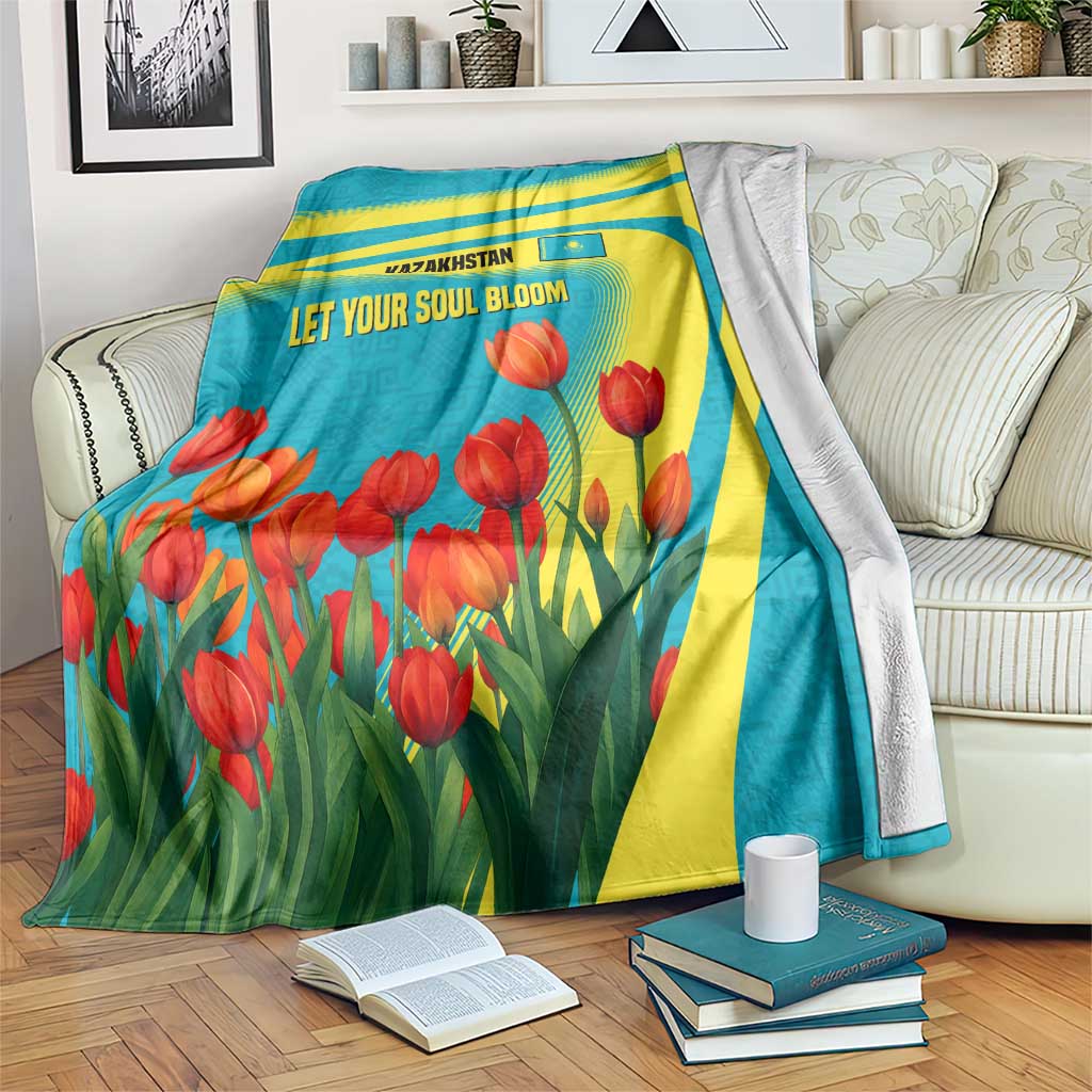 Kazakhstan National Flag Blanket with Red Tulip Bloom and Blue Yellow Ethnic Motif