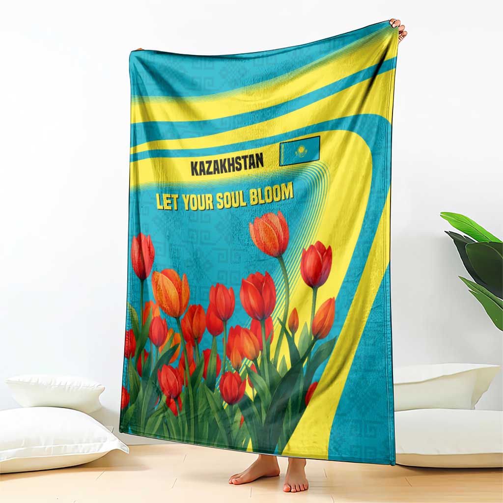 Kazakhstan National Flag Blanket with Red Tulip Bloom and Blue Yellow Ethnic Motif