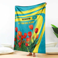 Kazakhstan National Flag Blanket with Red Tulip Bloom and Blue Yellow Ethnic Motif