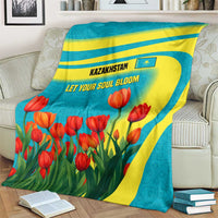 Kazakhstan National Flag Blanket with Red Tulip Bloom and Blue Yellow Ethnic Motif