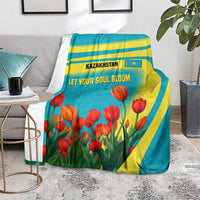 Kazakhstan National Flag Blanket with Red Tulip Bloom and Blue Yellow Ethnic Motif