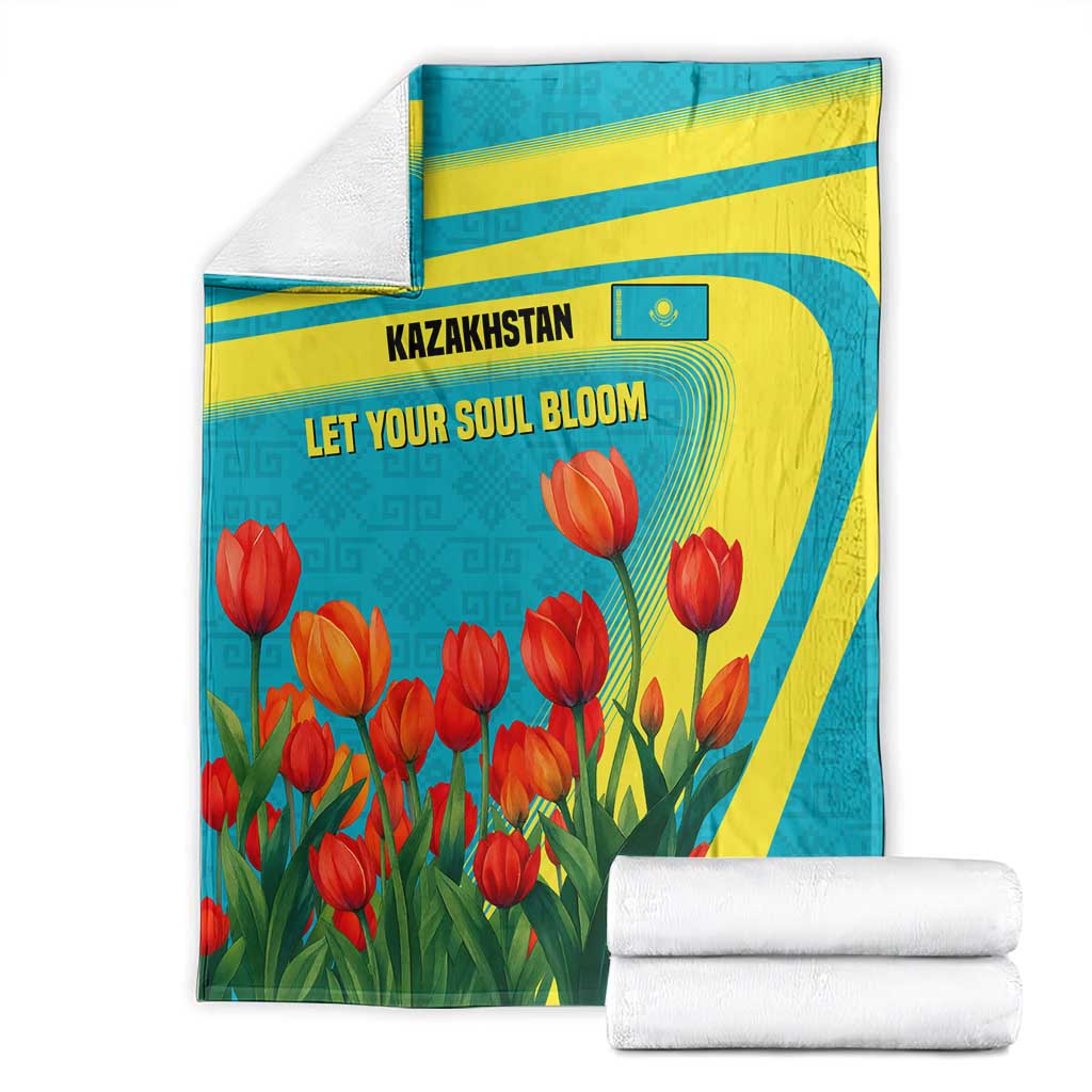 Kazakhstan National Flag Blanket with Red Tulip Bloom and Blue Yellow Ethnic Motif