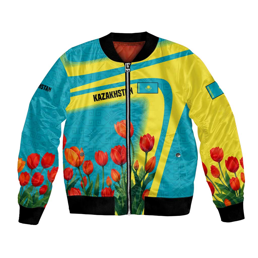 Kazakhstan National Flag Bomber Jacket with Red Tulip Bloom and Blue Yellow Ethnic Motif