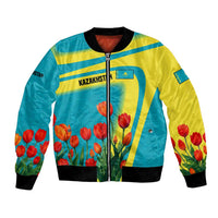 Kazakhstan National Flag Bomber Jacket with Red Tulip Bloom and Blue Yellow Ethnic Motif