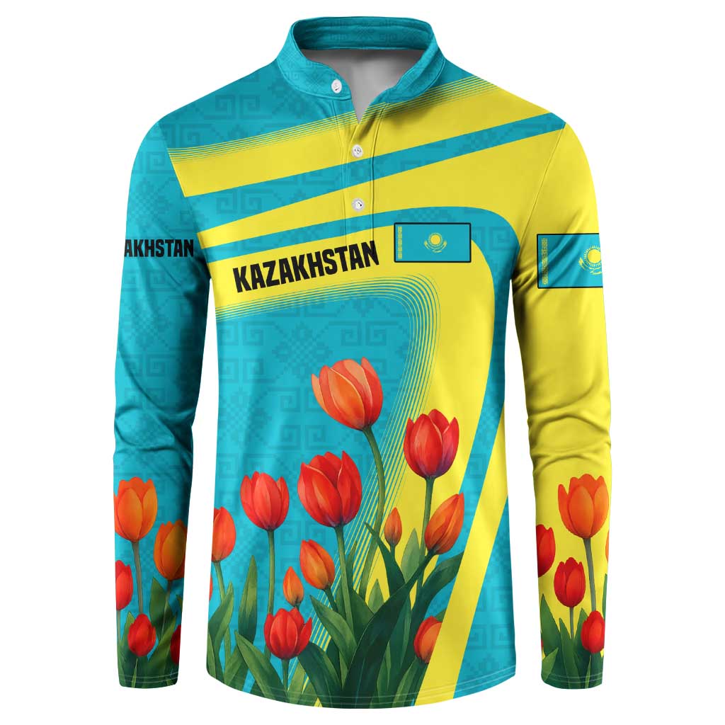 Kazakhstan National Flag Button Sweatshirt with Red Tulip Bloom and Blue Yellow Ethnic Motif