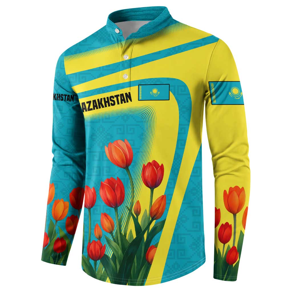Kazakhstan National Flag Button Sweatshirt with Red Tulip Bloom and Blue Yellow Ethnic Motif