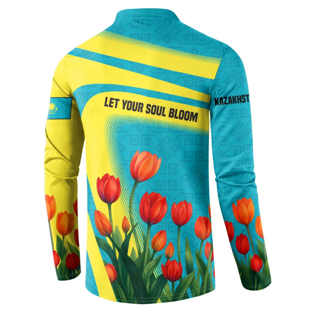 Kazakhstan National Flag Button Sweatshirt with Red Tulip Bloom and Blue Yellow Ethnic Motif