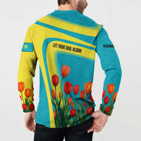 Kazakhstan National Flag Button Sweatshirt with Red Tulip Bloom and Blue Yellow Ethnic Motif