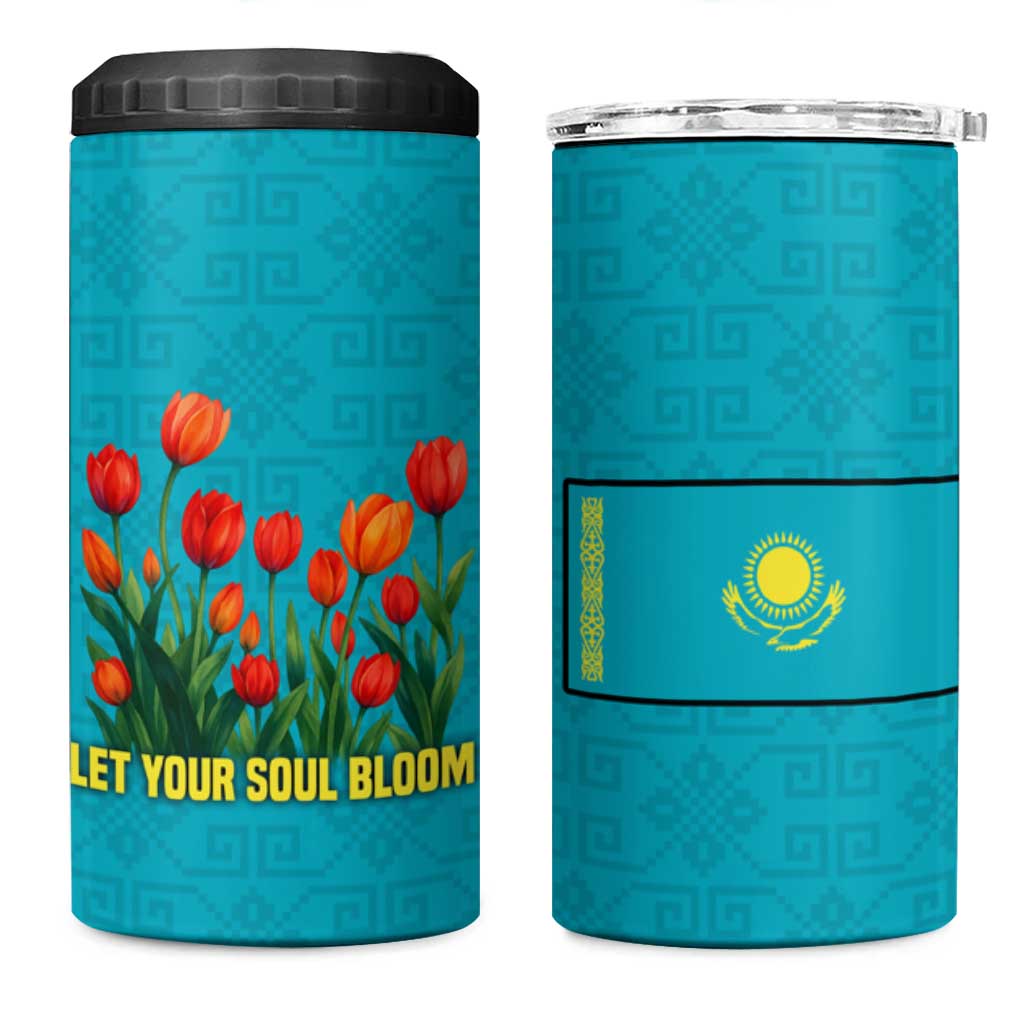 Kazakhstan National Flag 4 in 1 Can Cooler Tumbler with Red Tulip Bloom and Blue Yellow Ethnic Motif
