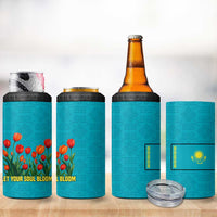 Kazakhstan National Flag 4 in 1 Can Cooler Tumbler with Red Tulip Bloom and Blue Yellow Ethnic Motif