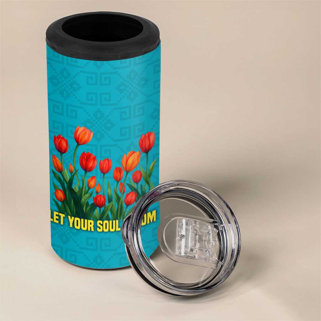 Kazakhstan National Flag 4 in 1 Can Cooler Tumbler with Red Tulip Bloom and Blue Yellow Ethnic Motif