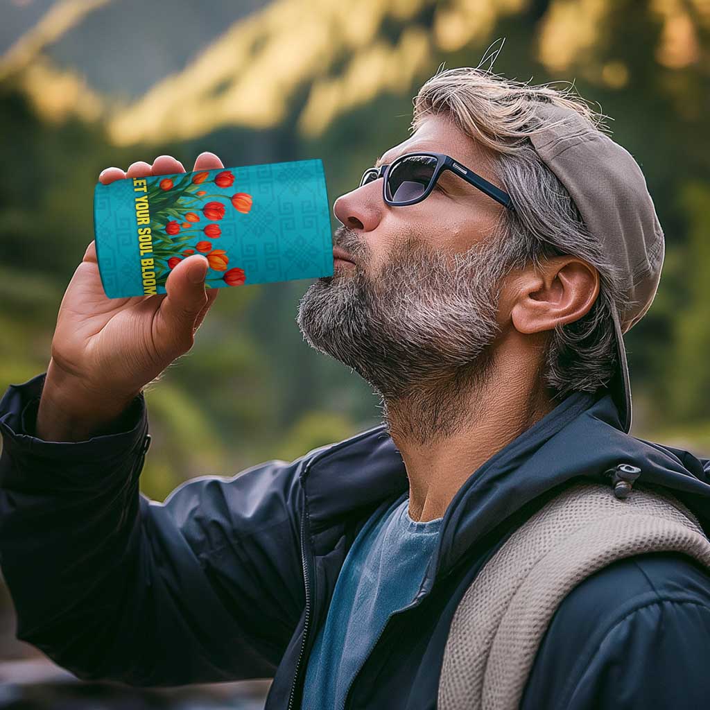 Kazakhstan National Flag 4 in 1 Can Cooler Tumbler with Red Tulip Bloom and Blue Yellow Ethnic Motif