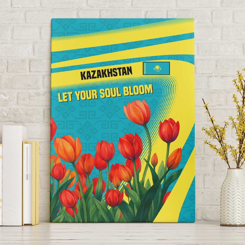 Kazakhstan National Flag Canvas Wall Art with Red Tulip Bloom and Blue Yellow Ethnic Motif